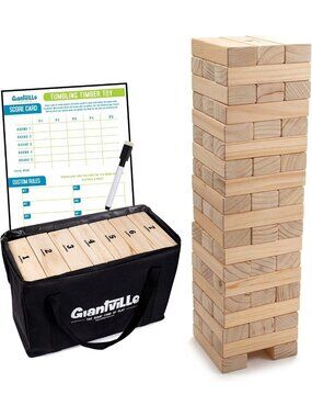 Jumbo Wooden Tumbling Tower Game - 56 Pine Blocks, Portable Carry Bag, 2ft to